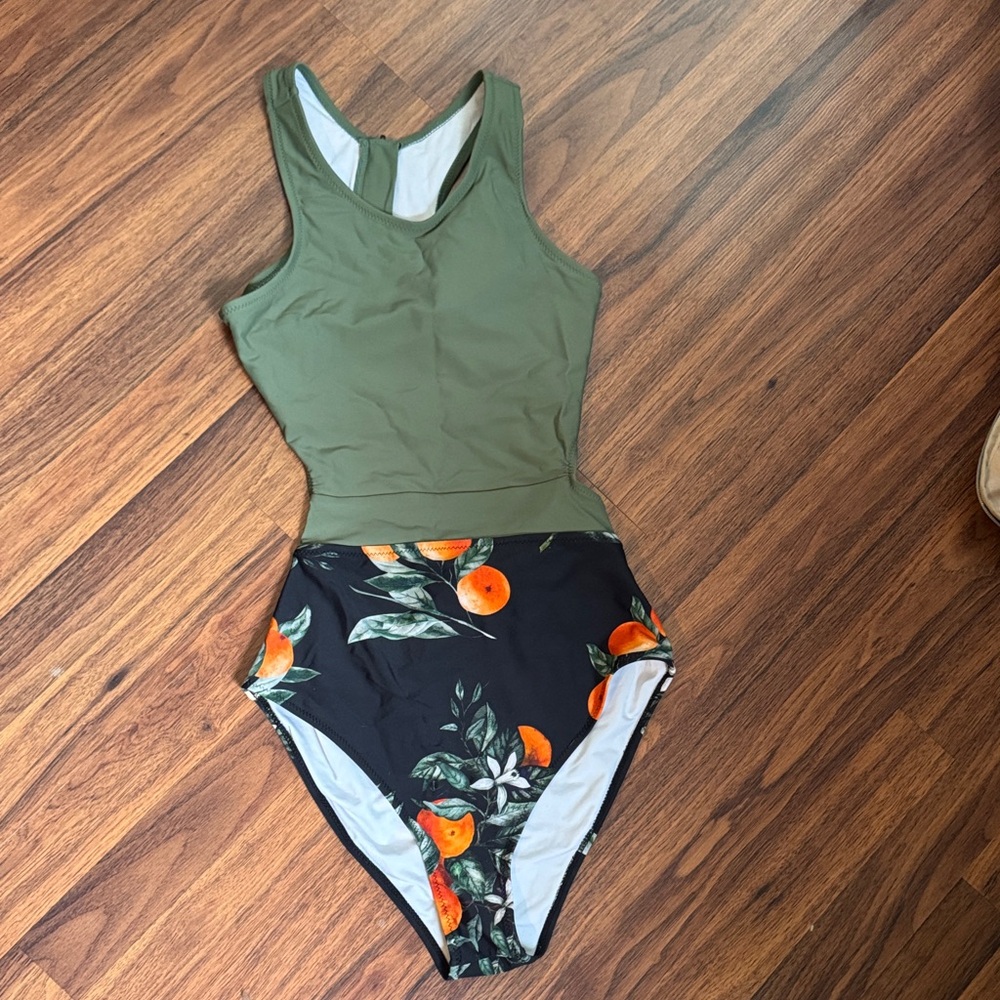 Cupshe Olive Green Tank One-Piece with Orange Fruit Print